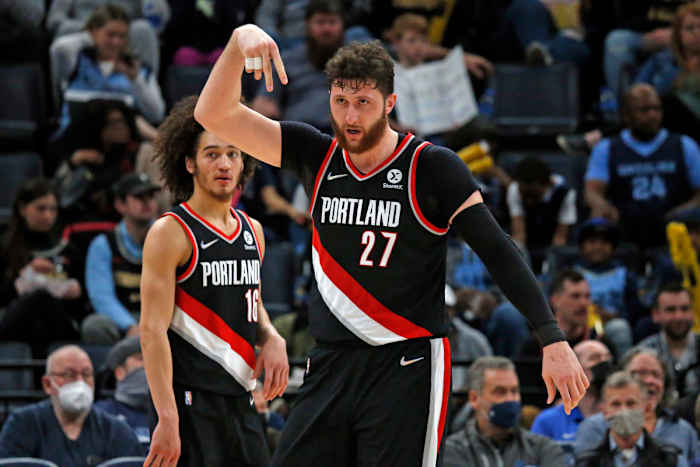Portland Trail Blazers center Jusuf Nurkic (27) reacts after a basket during the second half against the Memphis Grizzles at FedExForum.